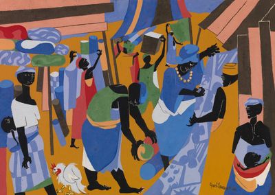 Jacob Lawrence, Market Scene (1966). Gouache on paper. Collection Chrysler Museum of Art, Norfolk. © 2022 The Jacob and Gwendolyn Knight Lawrence Foundation, Seattle/Artists Rights Society, New York.
