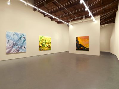 Left to right: Sarah Slappey, Slip and Fall (2023). Oil and acrylic on canvas; Hyegyeong Choi, Prickly Women (2023). Acrylic on canvas; Dominic Chambers, Warm Morning (2023). Oil on linen. Exhibition view: Group exhibition, PUBLIC PRIVATE – Part 1