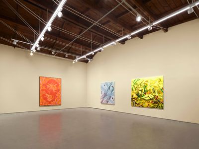 Left to right: Tunji Adeniyi-Jones, Triple Dive Red II (2023). Oil on canvas; Sarah Slappey, Slip and Fall (2023). Oil and acrylic on canvas; Hyegyeong Choi, Prickly Women (2023). Acrylic on canvas. Exhibition view: Group exhibition, PUBLIC PRIVATE – Part 1