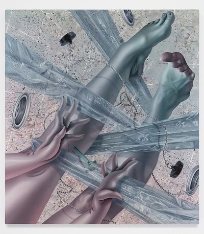 Sarah Slappey, Slip and Fall (2023). Oil and acrylic on canvas. 183 x 165 cm.