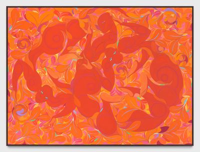 Tunji Adeniyi-Jones, Triple Dive Red II (2023). Oil on canvas. 172.72 x 233.68 cm (unframed).