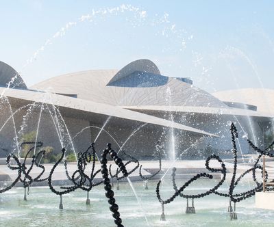 Jean-Michel Othoniel, ALFA (2019) (detail). Stainless steel, black coating. 114 fountain sculptures. Dimensions variable. Exhibition view: National Museum of Qatar, Doha (2019).