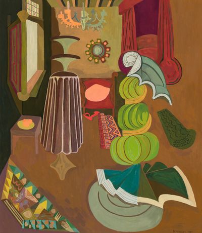 Helen Maudsley, Arnolfini and His Wife (1967). Oil on plywood. 65 × 56 cm. Collection of Monash University, Melbourne, purchased 2023.