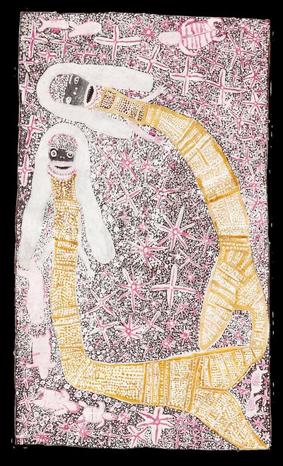 Ms D. Yunupingu, Two Sisters Together (2021). Natural earth pigments and recycled print toner on bark. 154 × 86 cm. Collection of Bernard Shafer. Photo: © Buku-Larrŋgay Mulka, Yirrkala, and Alcaston Gallery, Melbourne.