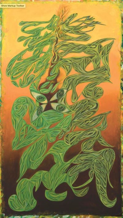 Tamara Henderson, Trataka (2023). Acrylic on canvas, copper, and mirror glass. 194 × 120 cm.