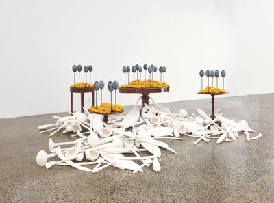 Jonathan Jones, untitled (emu eggs) after Étienne-Pierre Ventenat (2021–2023); untitled (vases, armes, pêche) (2023). Ceramic work: Somchai Charoen.