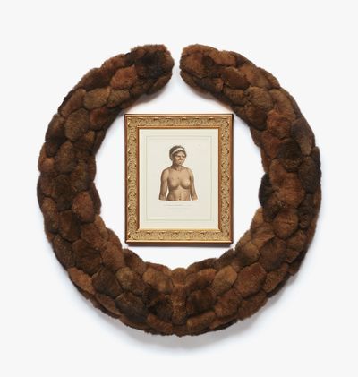 Jonathan Jones, untitled (remembering Eora: young Cam-mer-ray-gal woman) (2021). After Barthélemy Roger, after Nicolas-Martin Petit. Brushtail possum (Trichosurus vulpecula) fur on polystyrene foam, polyurethane hardcoat and acrylic paint; framed hand-coloured historical engraving. 111.5 × 110.5 cm (dimensions variable). Photo: Jenni Carter.