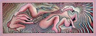 Judy Chicago, Birth Trinity: Needlepoint 1, from the 'Birth Project' (1983). Needlepoint on mesh canvas. 129.5 x 330.2 cm. Needlepoint by Susan Bloomenstein, Elizabeth Colten, Karen Fogel, Helene Hirmes, Bernice Levitt, Linda Rothenberg, and Miriam Vogelman. The Gusford Collection. © Judy Chicago/Artists Rights Society (ARS), New York. Photo: Donald Woodman/ARS, New York.