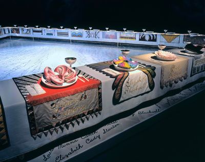 Judy Chicago, The Dinner Party (1979). Wing three featuring Susan B. Anthony and Emily Dickinson. Collection of Brooklyn Museum, gift of the Elizabeth A. Sackler Foundation. Exhibition view: Brooklyn Museum, New York. © Judy Chicago/Artists Rights Society (ARS), New York. Photo: © Donald Woodman/ARS, New York.