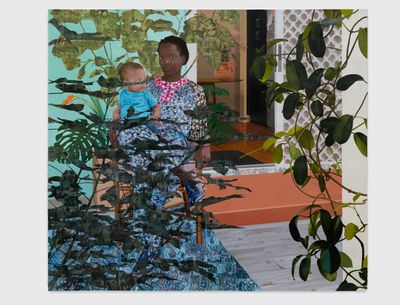 Njideka Akunyili Crosby, Still You Bloom in This Land of No Gardens (2021). Acrylic, coloured pencil, collage, and transfers on paper. 243.5 x 274.3 cm. © Njideka Akunyili Crosby.