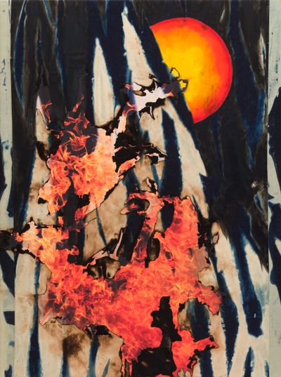 Korakrit Arunanondchai, Ecstasy on the mountain top, God is in the ground (2022). Oil paint and acrylic polymer on bleached denim on inkjet print on canvas. 218.4 x 162.6 cm.