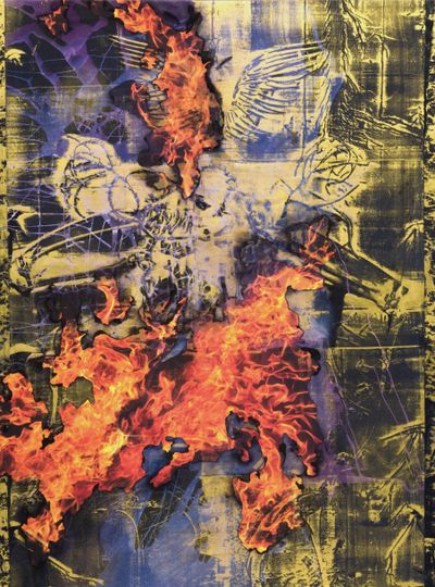 Korakrit Arunanondchai, Who will testify to the time when the world was ablaze? (2022). Acrylic polymer on gold foil on bleached denim on inkjet print on canvas. 218.4 x 162.6 cm.