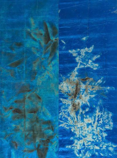 Korakrit Arunanondchai, Void (sky painting) (2022). Blue foil and acrylic polymer on bleached denim on canvas. 218.4 x 162.6 cm.