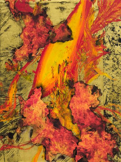 Korakrit Arunanondchai, The Mocking Jay (2022). Acrylic polymer on gold foil on bleached denim on inkjet print on canvas. 218.4 x 162.6 cm.