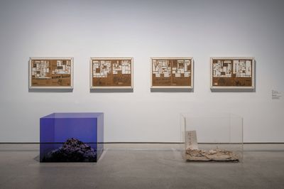 Sung Neung Kyung, Newspapers: After 1st of June 1974 (1974). Two acrylic boxes and four newsprint panels. Boxes 70 x 90 x 65 cm. Panels 63 x 87 x 5 cm. ARKO Art Center. Exhibition view: Only the Young: Experimental Art in Korea, 1960s-1970s, National Museum of Modern and Contemporary Art (MMCA), Seoul (26 May–16 July 2023). © Park Hyunki. Photo: MMCA.