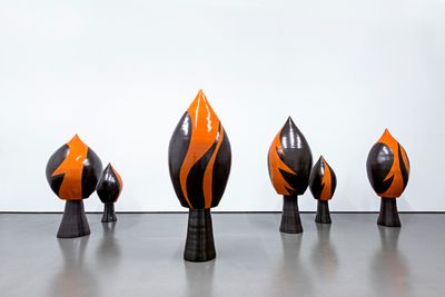Lee Seung-taek, Untitled (Sprout) (1963–2018). Six painted earthenware sculptures. Approximately 110 x 48 x 60 cm. © Lee Seung-taek.