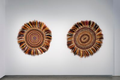 Regina Pilawuk Wilson (Ngan'gikurrungurr, Marrithyel), Wupun (Sun Mat) (2023); Wupun (Sun Mat) (2023). Exhibition view: TarraWarra Biennial 2023, ua usiusi faʻavaʻasavili, Tarrawarra Museum of Art, Melbourne (1 April–16 July 2023).