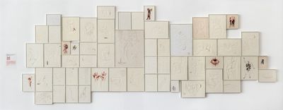 Mithu Sen, Until you 206 (2021–2022). Zarina, metallic paper, watercolour ink, eco-anxiety, violence, mass graves, and lynching tools on acid-free handmade paper. Set of 56 'Happy Prick' drawings framed. 213 x 457 cm (overall). Private collection, Switzerland.