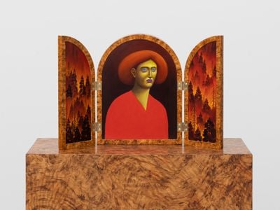 Nicolas Party, Triptych with Red Forest (2022). Oil on copper and oil on wood. 31 × 49 × 6.5 cm (open); 31 × 24 × 8.3 cm (closed).