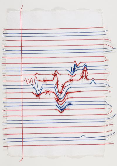Reena Saini Kallat, Ruled Paper (Red, Blue, White) (2015–2022). Electric wire on deckle-edge handmade paper. 109.22 x 78.74 cm (each).