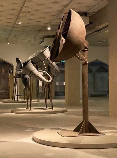 Left to right: Reena Saini Kallat, Chorus (2017), Chorus I (2015–2019); Chorus II (2015–2019). Exhibition view: Sharjah Biennial 15: Thinking Historically in the Present