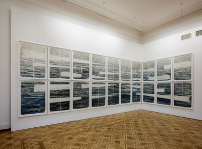 Reena Saini Kallat, Deep Rivers Run Quiet (2020). Gouache, charcoal, and water-soluble pencil on deckled-edge paper and Arches paper. 109.22 x 76.2 cm (each). Exhibition view: Deep Rivers Run Quiet, Kunstmuseum Thun, Switzerland (10 June–3 September 2023).