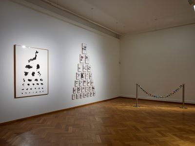 Left to right: Reena Saini Kallat, Pattern Recognition (2022); Colour Curtain (between shores and the seas) (2009). Exhibition view: Deep Rivers Run Quiet, Kunstmuseum Thun, Switzerland (10 June–3 September 2023).