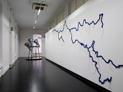 Left to right: Reena Saini Kallat, Chorus I (2015–2019); River Boundaries Break the Sound of Silence Between Them (2023). Exhibition view: Deep Rivers Run Quiet, Kunstmuseum Thun, Switzerland (10 June–3 September 2023).