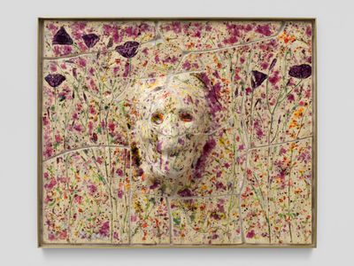 Sam Falls, Superbloom Skull (2023). Glazed ceramic with glass in brass frame. 55 x 66 x 15 cm. © Sam Falls.