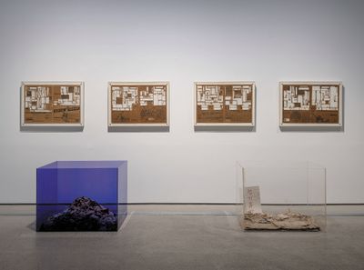 Sung Neung Kyung, Newspaper: From June 1, 1974, On (1974). Two acrylic boxes and four newsprint panels. Boxes: 70 x 90 x 65 cm (each); panels: 63 x 87 x 5 cm (each). ARKO Art Center. Exhibition view: Only the Young: Experimental Art in Korea, 1960s–1970s, National Museum of Modern and Contemporary Art (MMCA), Korea (26 May–16 July 2023). © Sung Neung Kyung. Photo: MMCA.