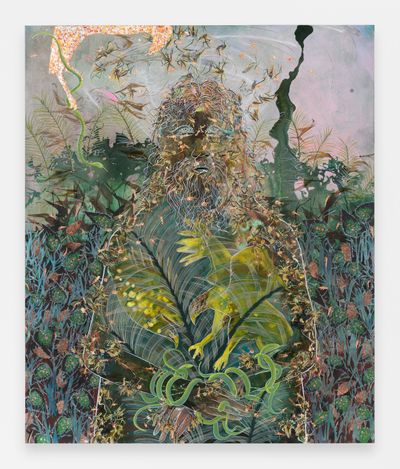Tammy Nguyen, Stations of the Cross: Jesus is condemned to death (2022). Watercolour, vinyl paint, pastel, and metal leaf on paper stretched over panel. 14 panels, each 167.64 x 139.7 cm.
