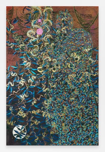 Tammy Nguyen, Leading the Way (2023). Watercolour, vinyl paint, pastel, screen printing, rubber stamping, and metal leaf on paper stretched over wood. 228.6 x 152.4 cm.
