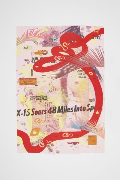 Tammy Nguyen, This Portentous Bird (Red) (2023). Photogravure, silkscreen, chine collé, collage, rubber stamping, coloured pencil, and letterpress on handmade paper with suminagashi technique. 88.9 x 61 cm.