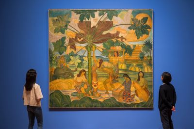 Victorio C. Edades, Galo B. Ocampo and Carlos "Botong" Francisco. Mother Nature's Bounty Harvest (1935). Oil on canvas. 257.5 x 273 cm. Private collection. © Armin Christopher E. Cuadra. Exhibition view: Tropical: Stories from Southeast Asia and Latin America, National Gallery Singapore (18 November 2023–24 March 2024).