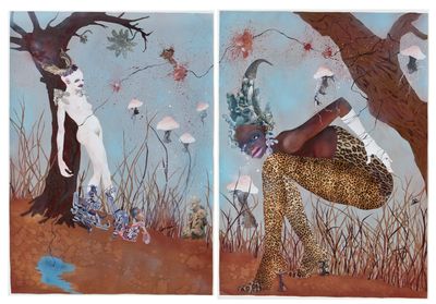 Wangechi Mutu, People in Glass Towers Should Not Imagine Us (2003). Mixed-media collage on paper, diptych. 355.6 x 259.1 cm. Collection Jeanne Greenberg Rohatyn and Nicolas Rohatyn, New York.