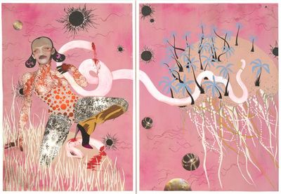 Wangechi Mutu, Yo Mama (2003). Ink, mica flakes, acrylic, pressure-sensitive film, cut-and-pasted printed paper, and painted paper on paper. Diptych. 150.2 x 215.9 cm. The Museum of Modern Art, New York. The Judith Rothschild Foundation Contemporary Drawings Collection Gift, 2005.