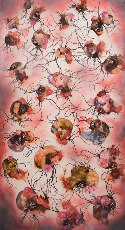 Wangechi Mutu, Fallen Heads (2010). Ink, paint, collage, contact paper, and plastic pearls on Mylar. 264.2 x 136.5 cm. From the collection of Paul and Linda Gotskind.