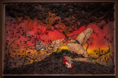Wangechi Mutu, The Storm (2012). Collage on linoleum. 192.41 x 294.64 x 7.62 cm. Exhibition view: Intertwined, New Museum, New York (2 March–4 June 2023).
