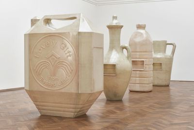 Alia Farid, In Lieu of What Is (2022). Polyester resin and fibreglass. Lota 190 x 190 x 240 cm; jerry can 91 x 233 x 255 cm; juglet 125 x 125 x 297 cm; water bottle 100 x 100 x 295 cm; pitcher 145 x 145 x 245 cm. Exhibition view: In Lieu of What Is, Kunsthalle Basel, Switzerland (11 February–22 May 2022). Photo: Philipp Hänger.