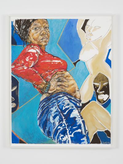 Claudette Johnson, Standing Figure with African Masks (2018). Pastel and gouache on paper. 163 x 132 cm.