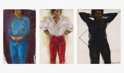 Claudette Johnson, Trilogy (Part One) Woman in Blue; Trilogy (Part Three) Woman in Red; Trilogy (Part Two) Woman in Black (all 1982). Arts Council Collection, Southbank Centre, London.