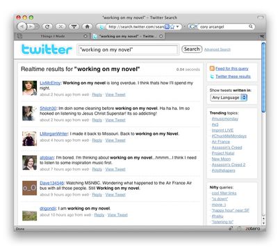 Cory Arcangel, Working on My Novel (2009). Twitter search results for 'working on my novel'.