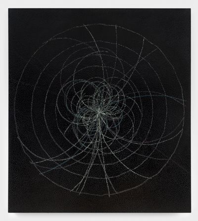Daniel Boyd, Untitled (ISOTUBOEWAEY) (2023). Oil, oil pastel, and archival glue on linen. 152.8 x 137.3 cm.