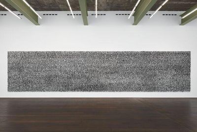 Glenn Ligon, Stranger (Full Text) #1 (2020–2021). Oil stick, gesso, and coal dust on canvas, two panels. 120 x 540 inches (304.8 x 1371.6 cm).
