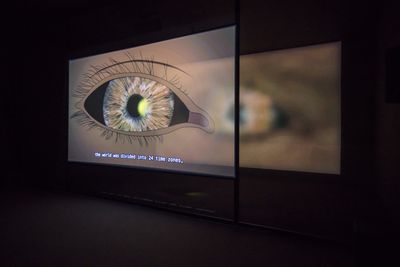 Ho Tzu Nyen, T for Time (2023–ongoing). Video (two-channel synchronised HD video, 16:9, colour, eight-channel sound), voile screen, scrim walls, real-time algorithmic editing and compositing system. 60 min. Co-commissioned by Singapore Art Museum and Art Sonje Centre with M+, in collaboration with Museum of Contemporary Art Tokyo and Sharjah Art Foundation. Exhibition view: Time & the Tiger, Singapore Art Museum (24 November 2023–3 March 2024).