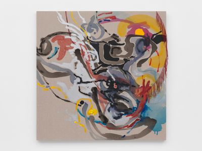 Jessica Rankin, To Occur Bluebackly, AN (2024). Acrylic and embroidery on linen. 121.9 x 121.9 cm.