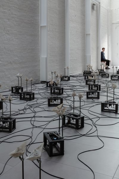 Shyu Ruey-Shiann, River of Childhood (2011). Ceramic, metal, electric motors, 80 ceramic boats. Dimensions variable.