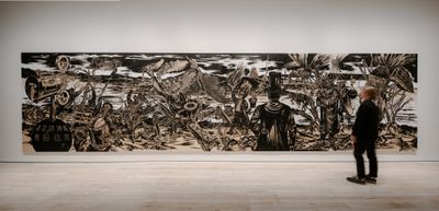 Sun Xun, Magic of Atlas – The Magician Comes to Luocha (2020). Coloured woodblock relief, crystal balls (eight parts). 244 x 976 cm.