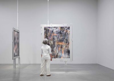 Julie Mehretu, TRANSpaintings (halfcore/halfwit) (2024). Ink and acrylic on monofilament polyester mesh in an aluminium sculpture, Upright Brackets, by Nairy Baghramian. Private collection, New York. Exhibition view: A Transcore of the Radical Imaginatory, Museum of Contemporary Art Australia, Sydney (29 November 2024–27 April 2025).