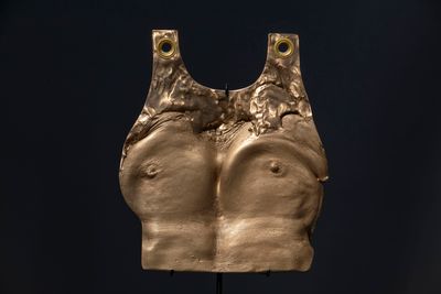 Julie Rrap, Twisted Logic: Beating your Breast Plate (2019). Bronze and steel. 106 x 40 x 28.5 cm.